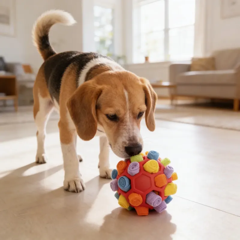 Cane che gioca con SniffBall - palla olfattiva a petali di tessuto