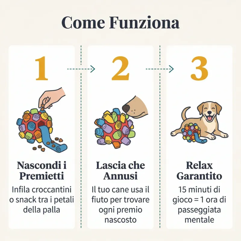Come funziona SniffBall in 3 step: nascondi le crocchette, il cane annusa e rotola, passa a FiutaSnack per la calma
